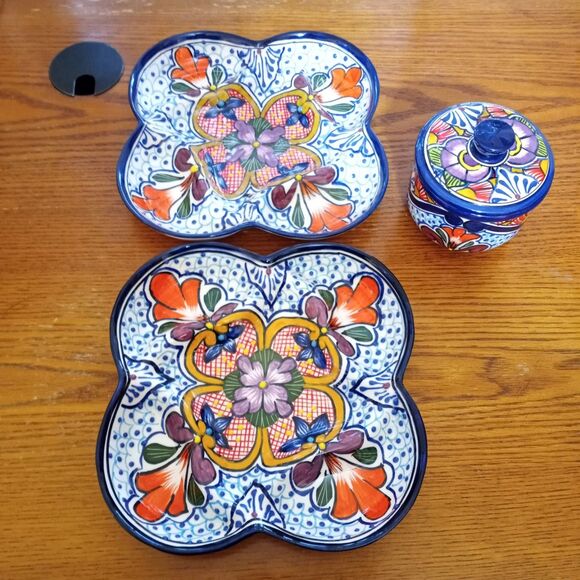 Serving Set~Chips & Dip/Appetizers/Toppings~Floral~Made In Mexico~Lead Free - Picture 1 of 14